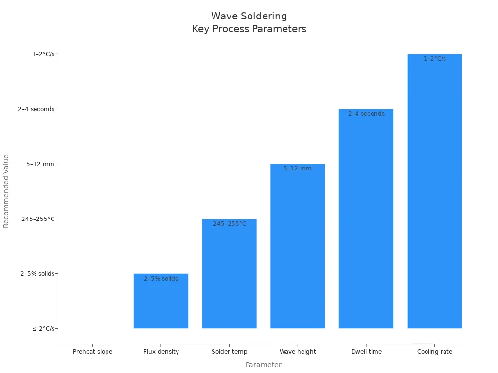 Differences Between SMT Reflow and Wave Soldering3 - S&M Co.Ltd Bar chart comparing recommended values for key wave soldering process parameters