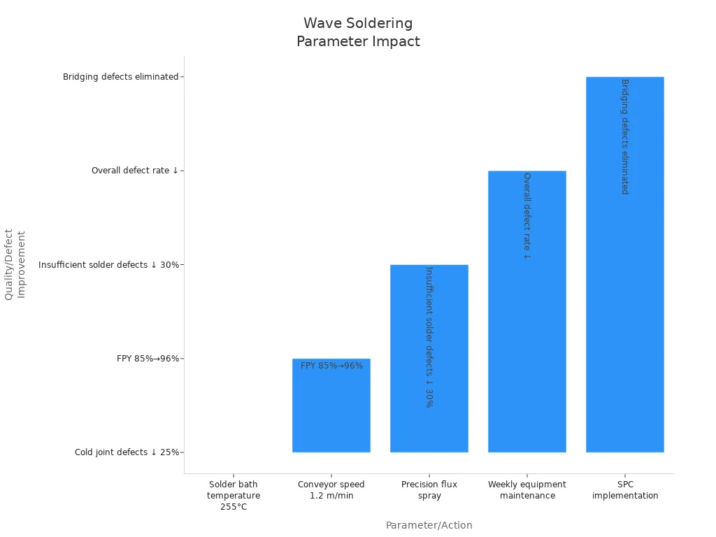 Wave Solder Process Tuning and Common Defect Solutions1 - S&M Co.Ltd Bar chart showing how tuning wave soldering parameters improves product quality and reduces defect rates