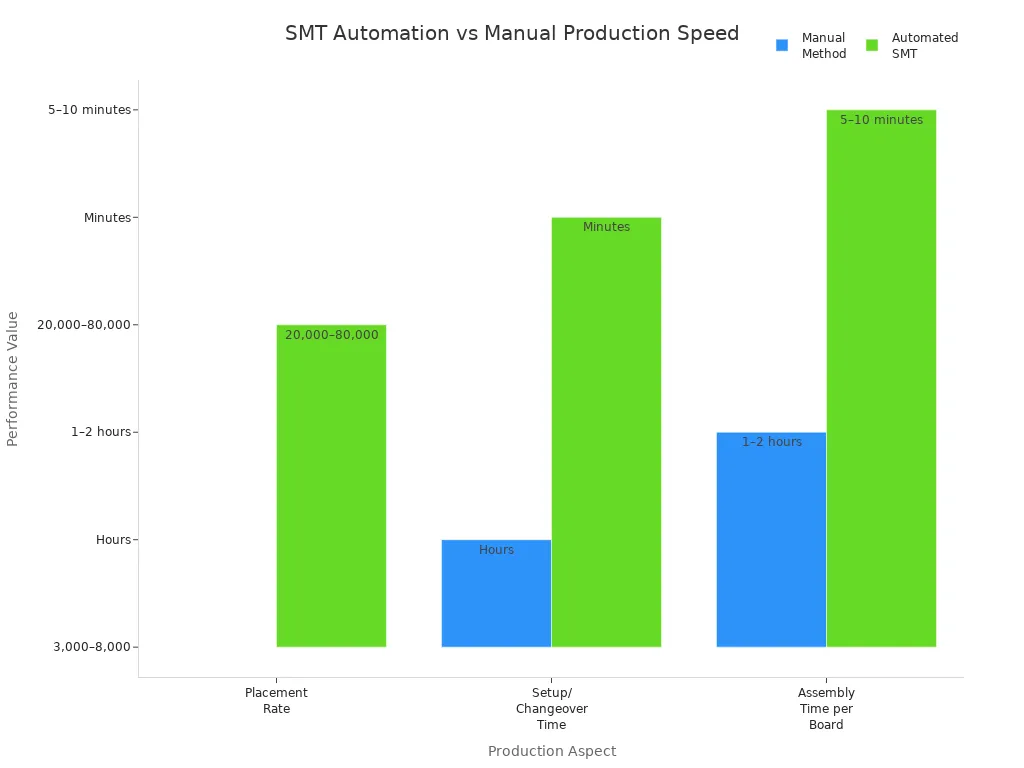 What Does SMT Stand for in Manufacturing3 - S&M Co.Ltd Bar chart comparing manual and automated SMT production speed and assembly time