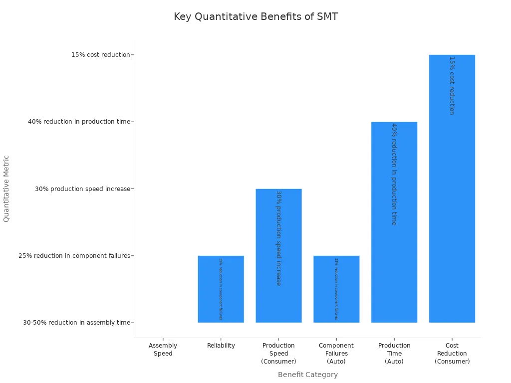 What Does SMT Stand for in Manufacturing4 - S&M Co.Ltd Bar chart comparing SMT benefits like assembly speed, reliability, and cost reduction
