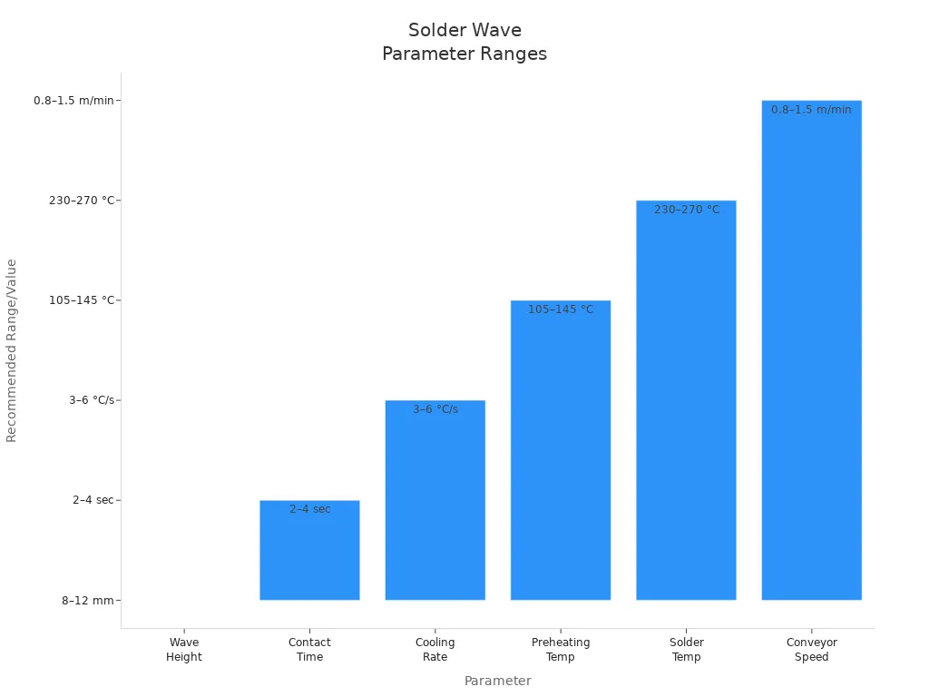 Minimizing Thermal Stress in Selective Wave Soldering2 - S&M Co.Ltd Bar chart comparing recommended ranges for solder wave process parameters