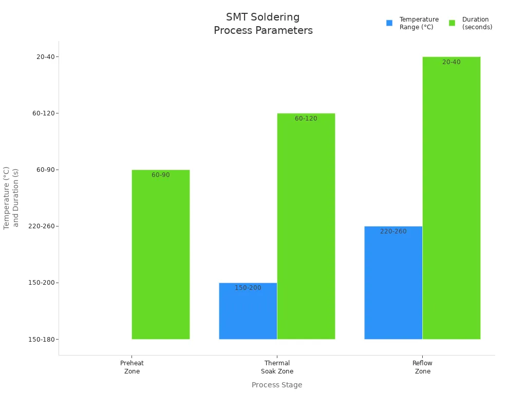 Beginner’s Guide to SMT Peripheral Equipment4 - S&M Co.Ltd Bar chart comparing temperature ranges and durations for SMT soldering stages