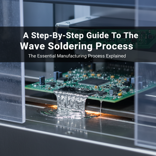 alt_text: A circuit board passes over a shimmering wave of molten solder in a manufacturing machine.
