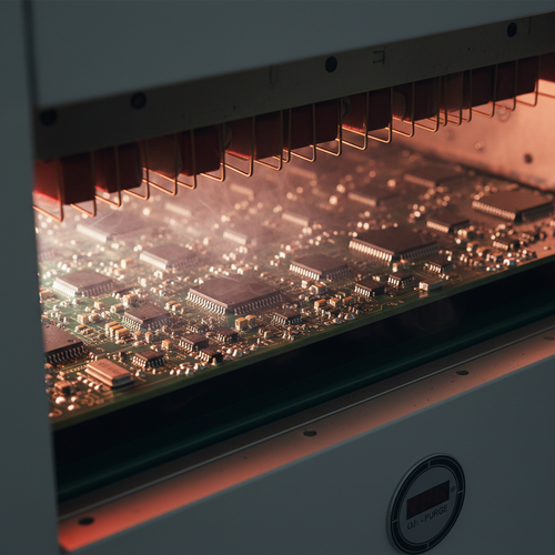 alt_text: A close-up of a circuit board undergoing reflow soldering in a nitrogen atmosphere.