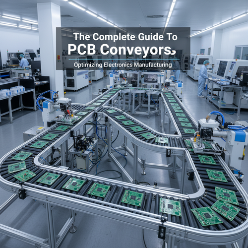 alt_text: A high-angle view of green PCBs moving along a conveyor system in a high-tech factory.