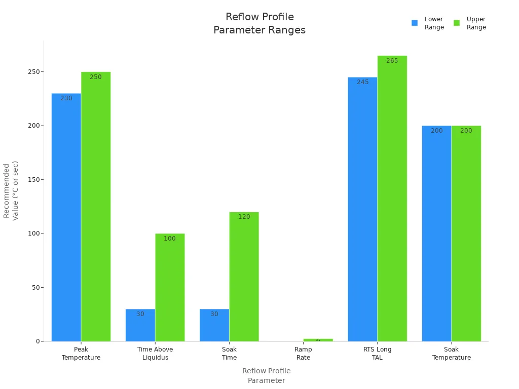 Grouped bar chart showing recommended ranges for reflow profile parameters