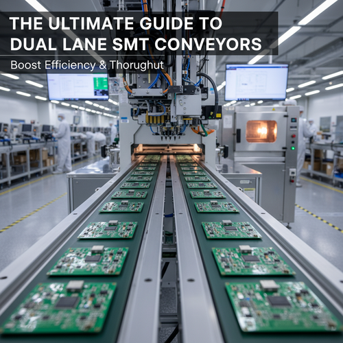 alt_text: A dual lane SMT conveyor moves PCBs along a modern electronics assembly line.
