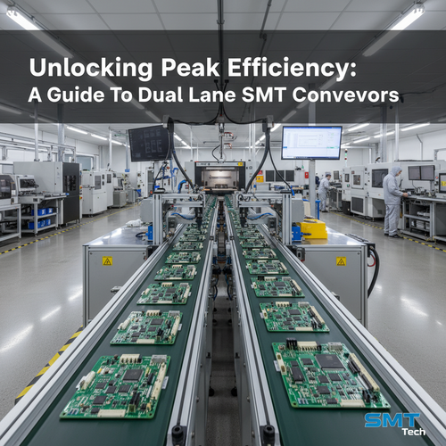 alt_text: A dual-lane SMT conveyor with PCBs in a modern, high-tech electronics factory.