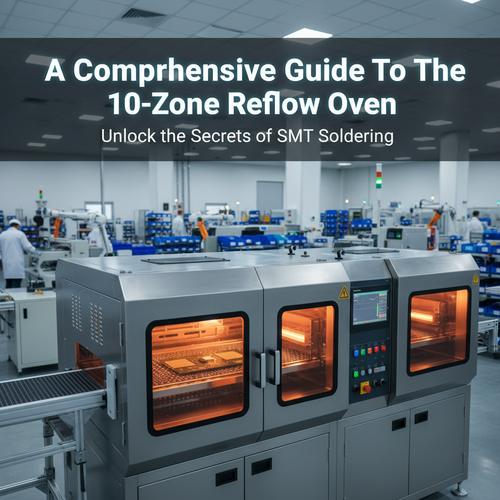 alt_text: A sleek, modern 10-zone reflow oven in a high-tech electronics factory setting.