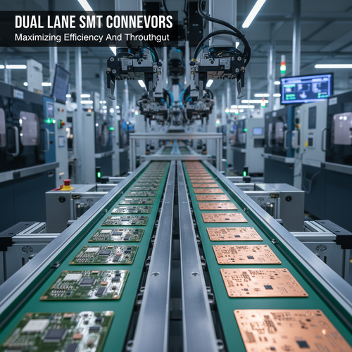alt_text: A dual-lane SMT conveyor transports PCBs in a modern, automated electronics factory.