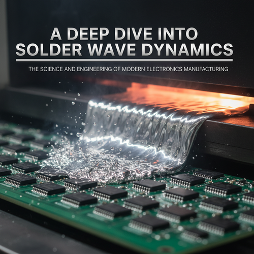 alt_text: A dynamic wave of molten solder flowing over a PCB in a realistic, detailed close-up.