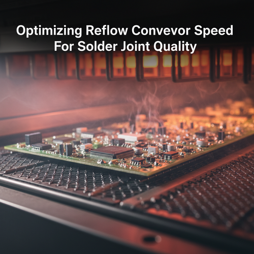 alt_text: A close-up of a PCB moving on a conveyor belt inside an industrial reflow oven.