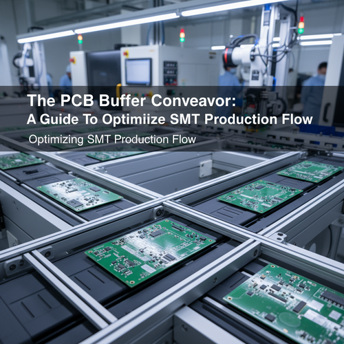 alt_text: A modern PCB buffer conveyor with green circuit boards in an automated factory.