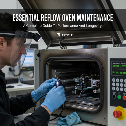 alt_text: A technician in gloves meticulously inspects the interior of an industrial reflow oven.