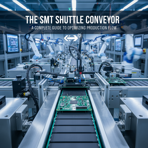 alt_text: An automated SMT shuttle conveyor transports a printed circuit board in a high-tech factory.