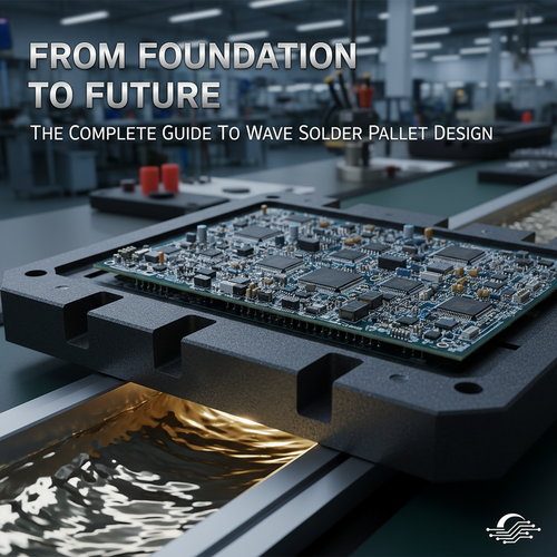 alt_text: A precision wave solder pallet holding a populated electronic circuit board.