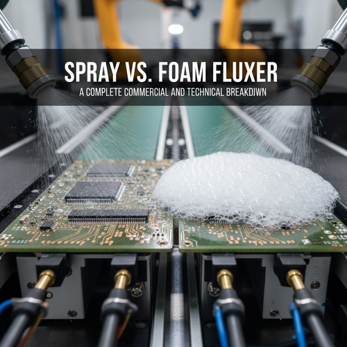alt_text: A close-up of a circuit board getting coated with spray and foam flux before soldering.