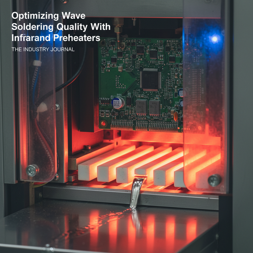 alt_text: A PCB is heated by glowing red elements in a high-tech wave soldering machine.