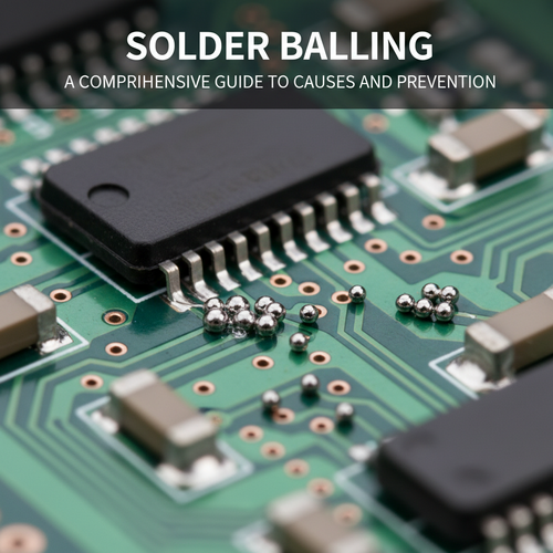 alt_text: A macro photo of a solder balling defect on a printed circuit board.