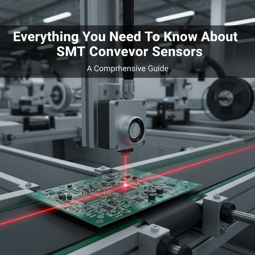 alt_text: A close-up of an SMT sensor monitoring a circuit board on a factory conveyor belt.