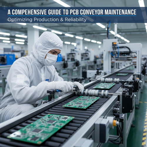 alt_text: A technician in a cleanroom suit maintains a PCB conveyor belt in a factory.