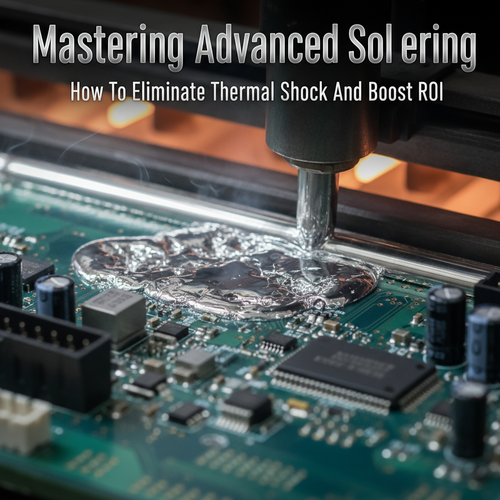 alt_text: A close-up of a PCB during wave soldering, showing molten solder and thermal shock effects.