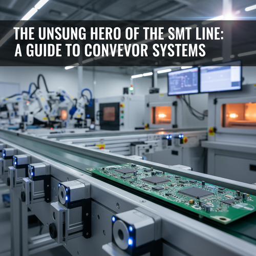 alt_text: A conveyor moves a circuit board through a high-tech SMT electronics production line.