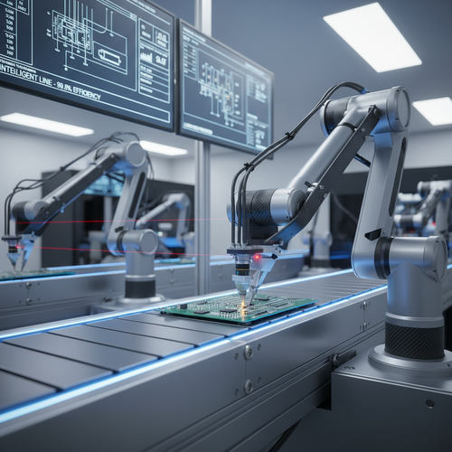 alt_text: A robotic arm precisely assembles a circuit board on an automated, high-tech production line.