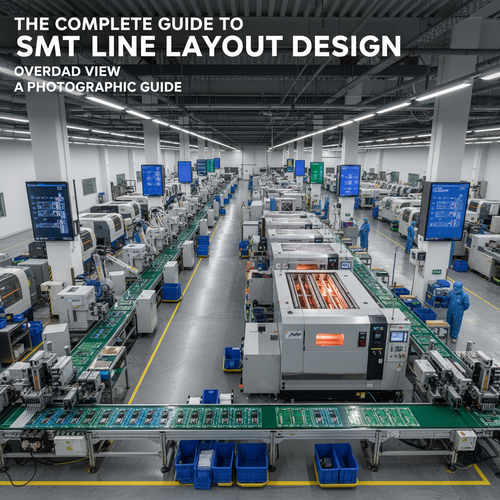 alt_text: Overhead view of a modern SMT production line for assembling electronic circuit boards.