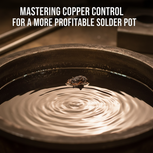 alt_text: A close-up of a solder pot with shimmering, molten solder showing a small impurity near the rim.