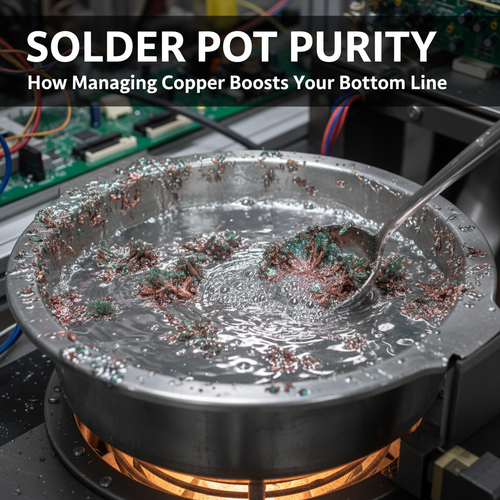 alt_text: A close-up of an industrial solder pot with copper impurities in the molten solder.