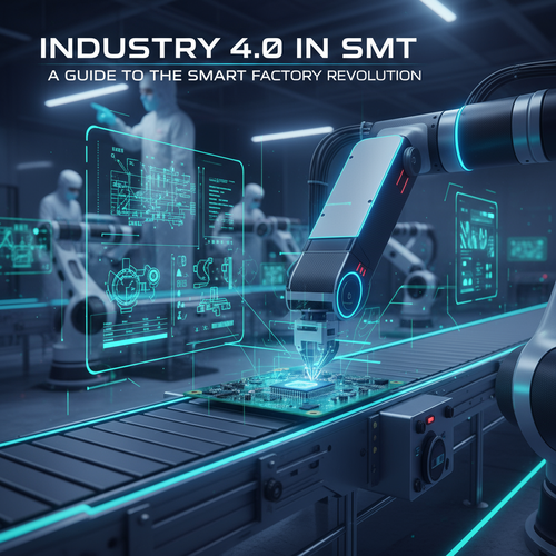 Industry 4.0 In SMT: A Guide To The Smart Factory Revolution缩略图% alt_text: A robot arm places a microchip on a PCB in a futuristic factory with holographic data displays.