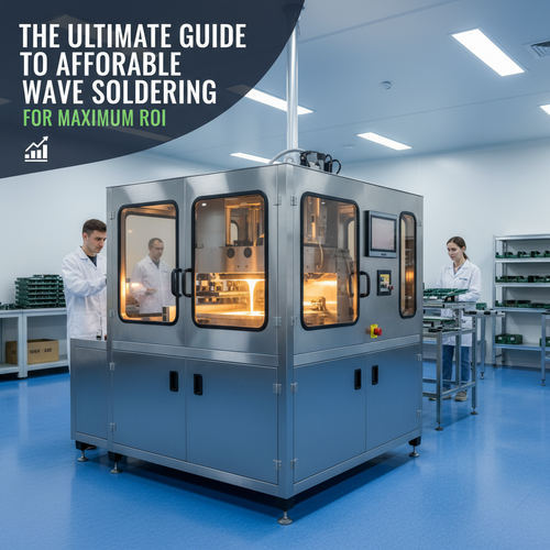 alt_text: A sleek, modern, and affordable wave soldering machine in operation in a clean factory.