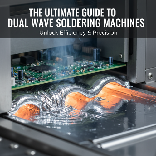 alt_text: A close-up of a circuit board passing through a shimmering wave of molten solder in a machine.