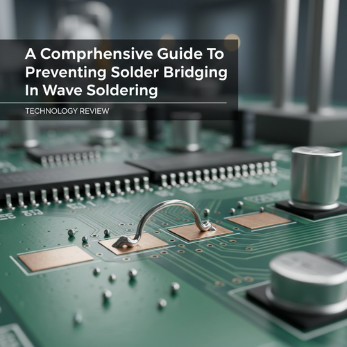 alt_text: A close-up of a solder bridging defect connecting two pads on a printed circuit board.
