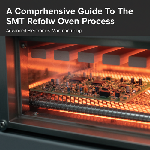 alt_text: A green circuit board moves through a glowing SMT reflow oven on a conveyor belt.
