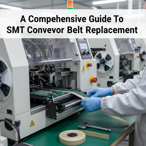 alt_text: A technician replaces a conveyor belt on an SMT electronics assembly machine.