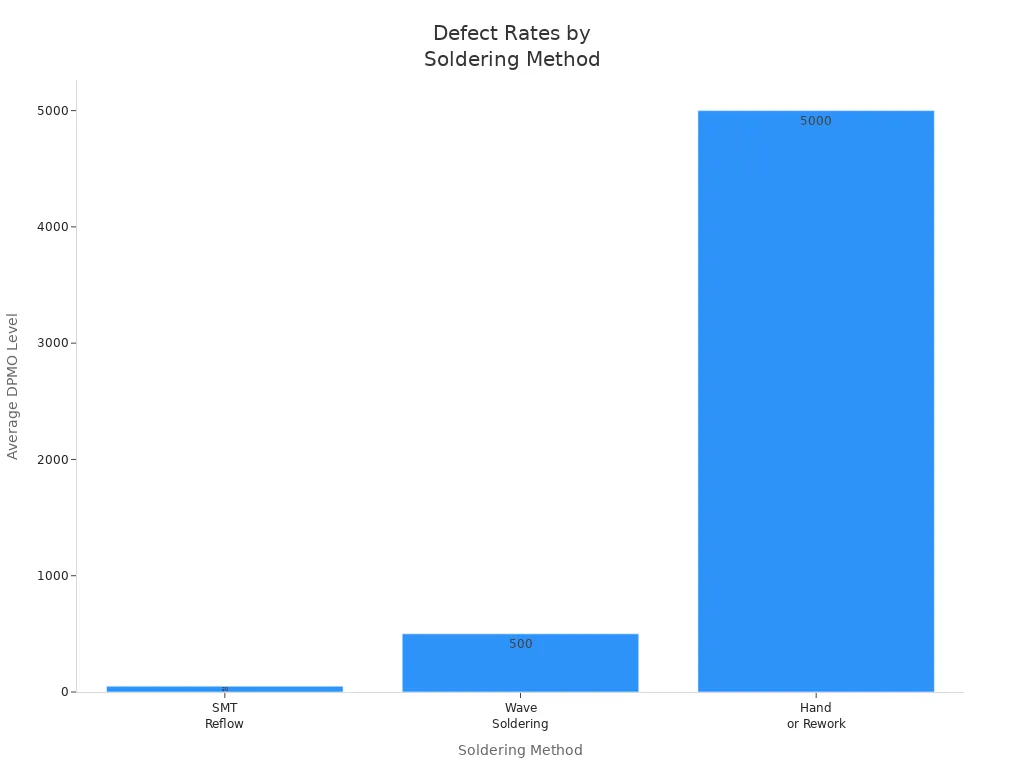 What Is Selective Wave Soldering and How Does It Work2 - S&M Co.Ltd Bar chart comparing average defect rates for SMT reflow, wave soldering, and hand or rework methods