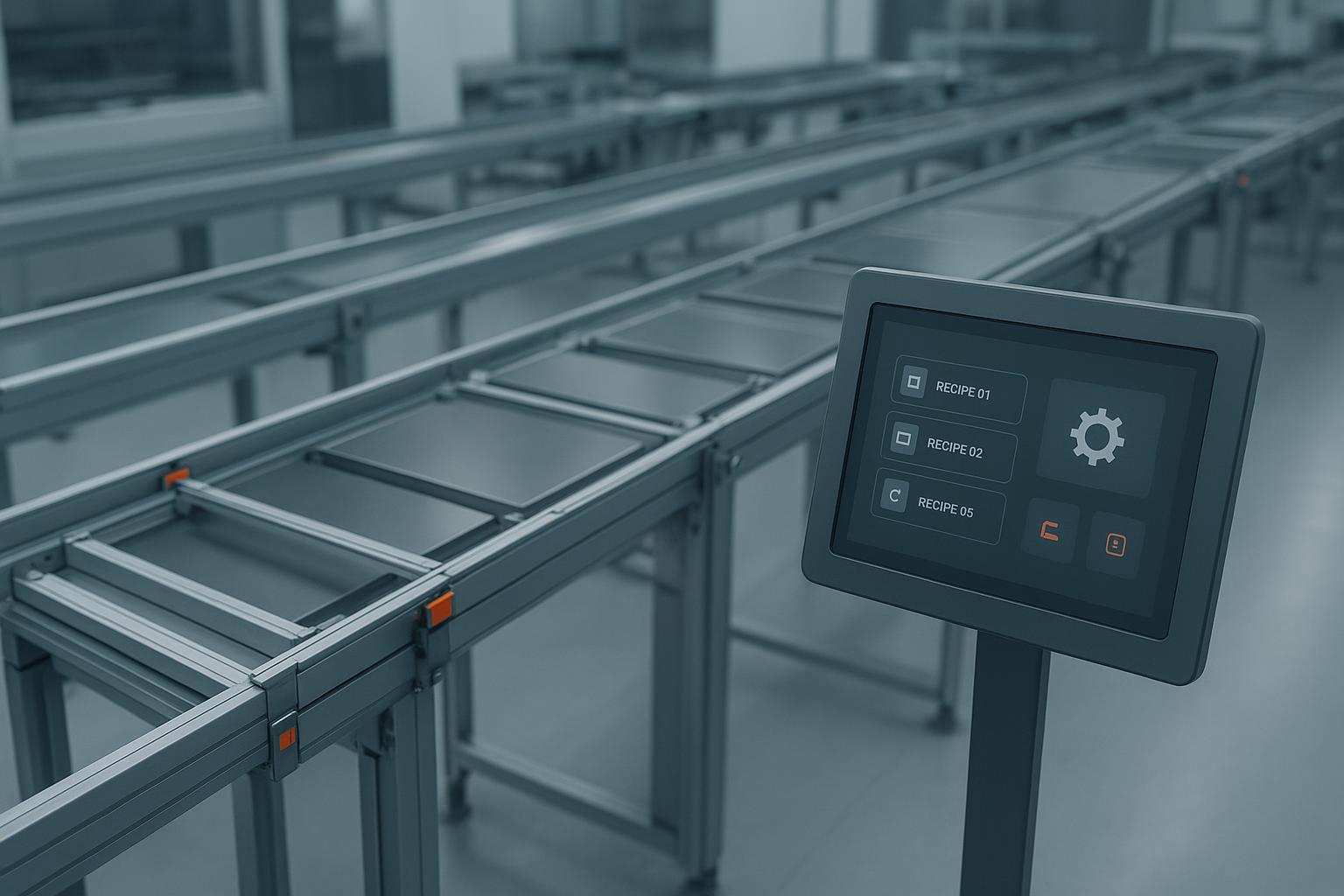 SMT line with PCB conveyors showing adjustable width rails and HMI recipe presets