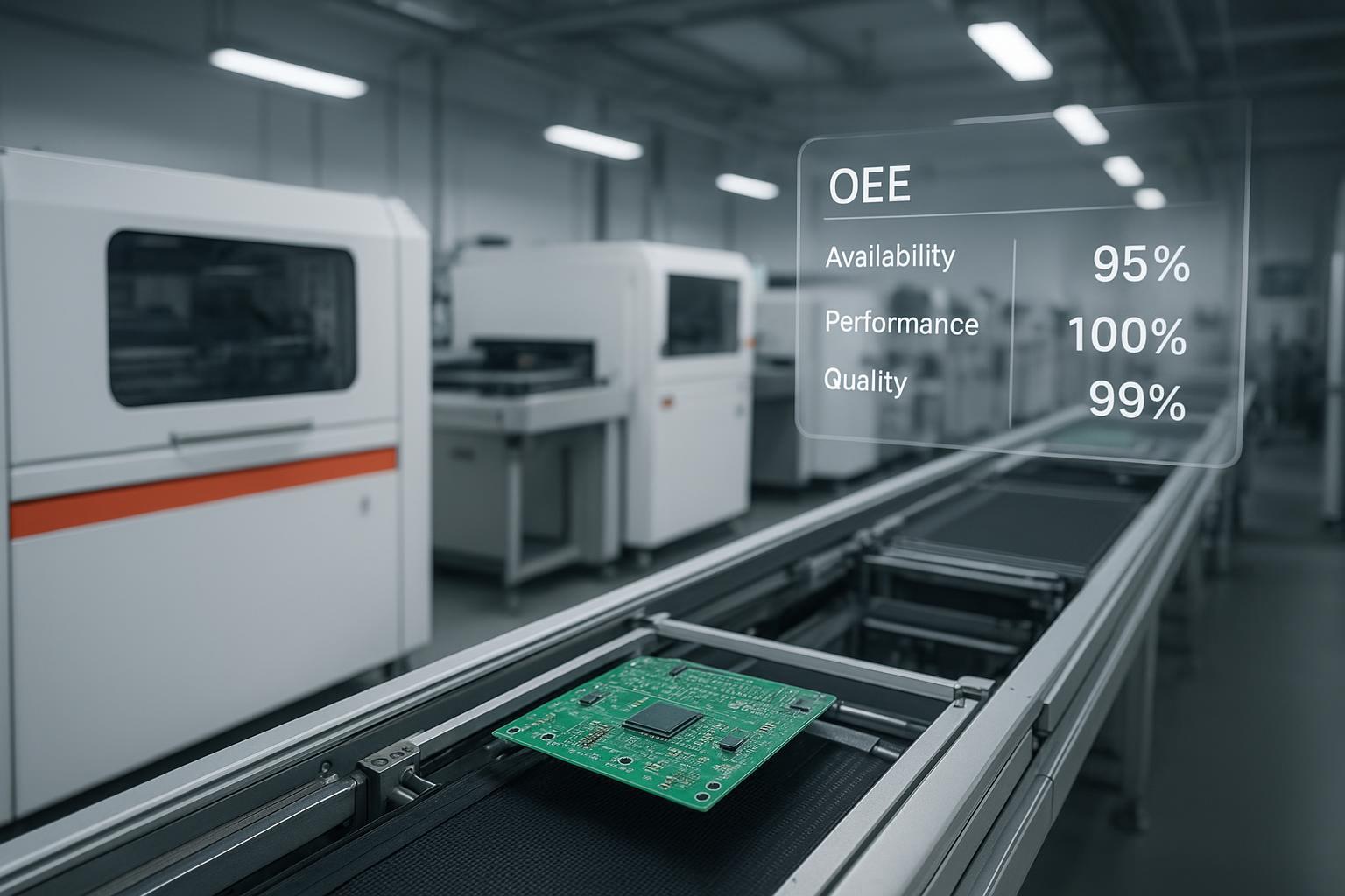 SMT line conveyors transferring PCBs with an on-screen OEE dashboard overlay