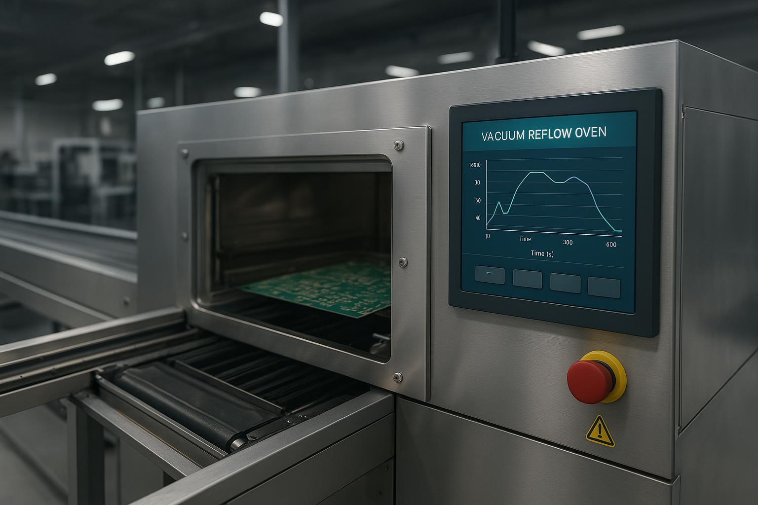 Achieving <2% QFN Vacuum Reflow Voids When You Can Only Tune Profile and Vacuum - S&M Co.Ltd Inline vacuum reflow oven with HMI showing temperature and vacuum traces in an SMT line.