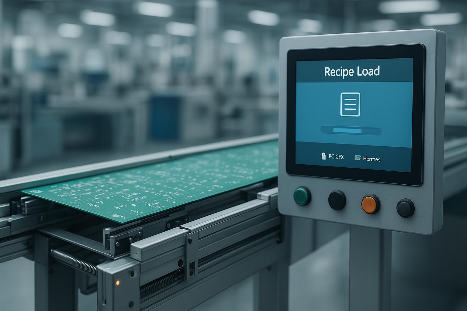 SMT conveyor performing automated board-width adjustment with recipe on HMI