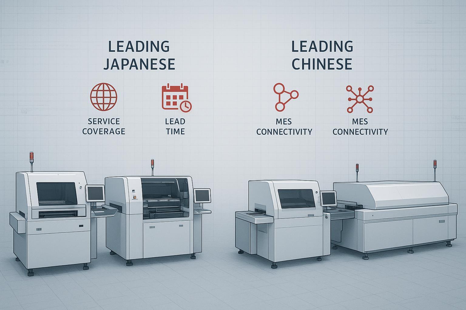 Chinese SMT Equipment vs Japanese: Honest Comparison for 2025 - S&M Co.Ltd Cover image: Chinese vs Japanese SMT equipment comparison with service, lead time, and MES icons