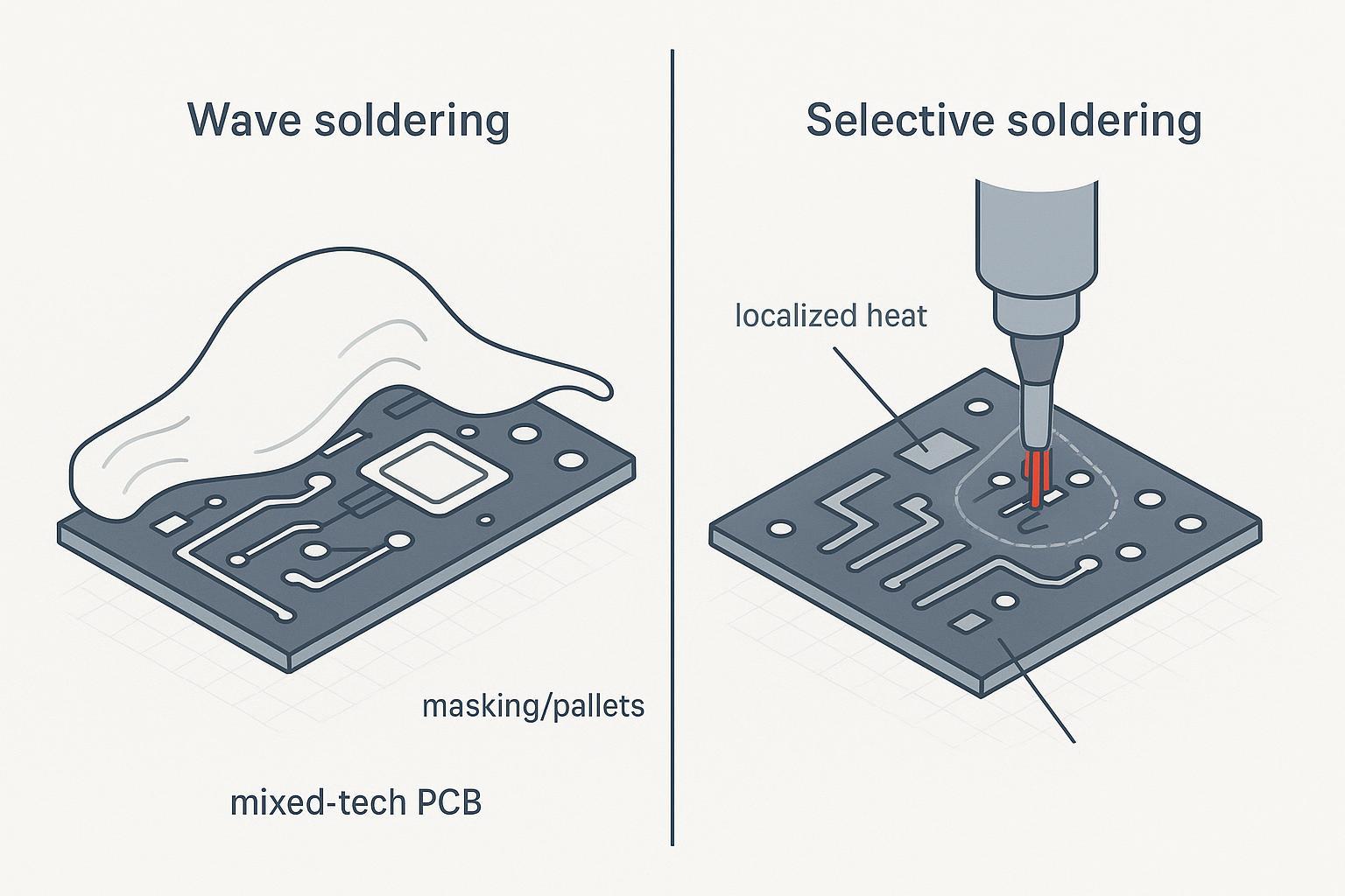 Infographic comparing selective soldering vs wave soldering for mixed-technology PCBs in 2026