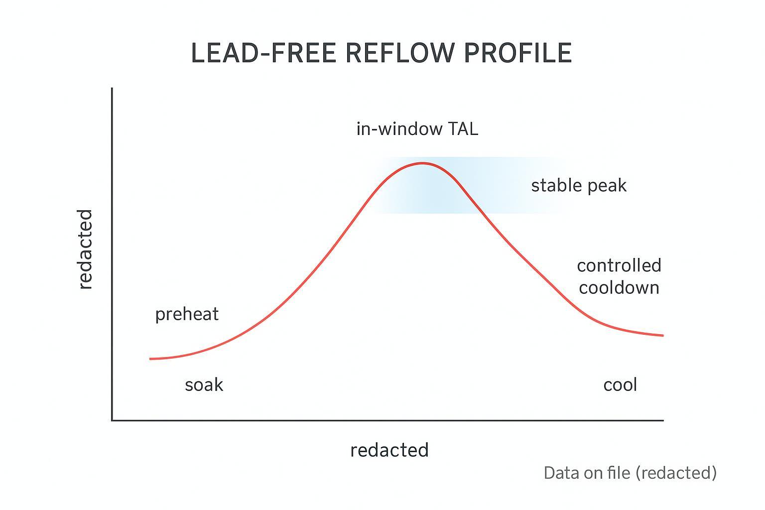 Redacted thermal profile chart showing preheat, soak, reflow peak, and cooldown with TAL window highlighted