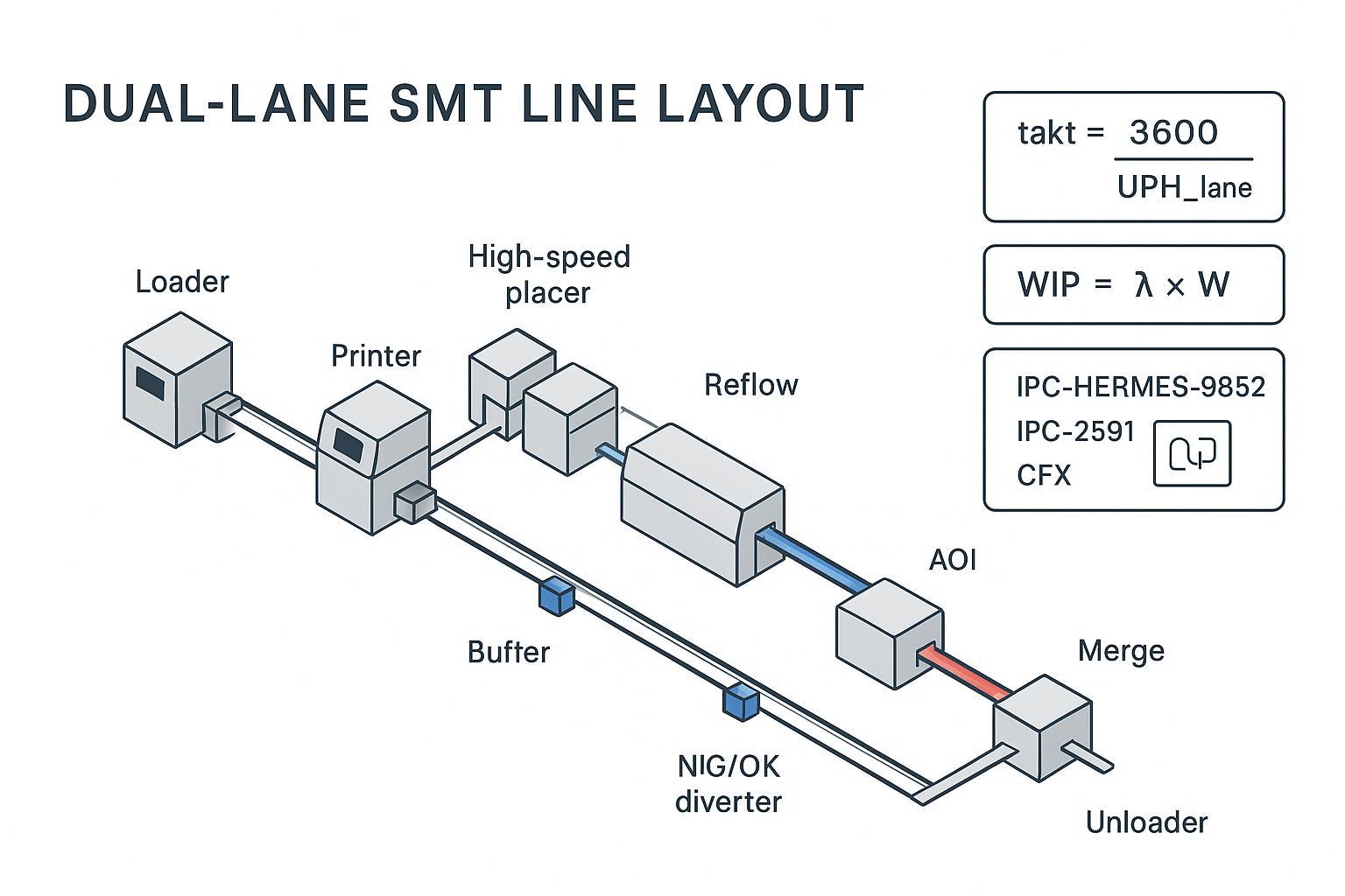 Engineering infographic of a dual-lane SMT line with buffers, NG/OK diverter, and Hermes/CFX data flows