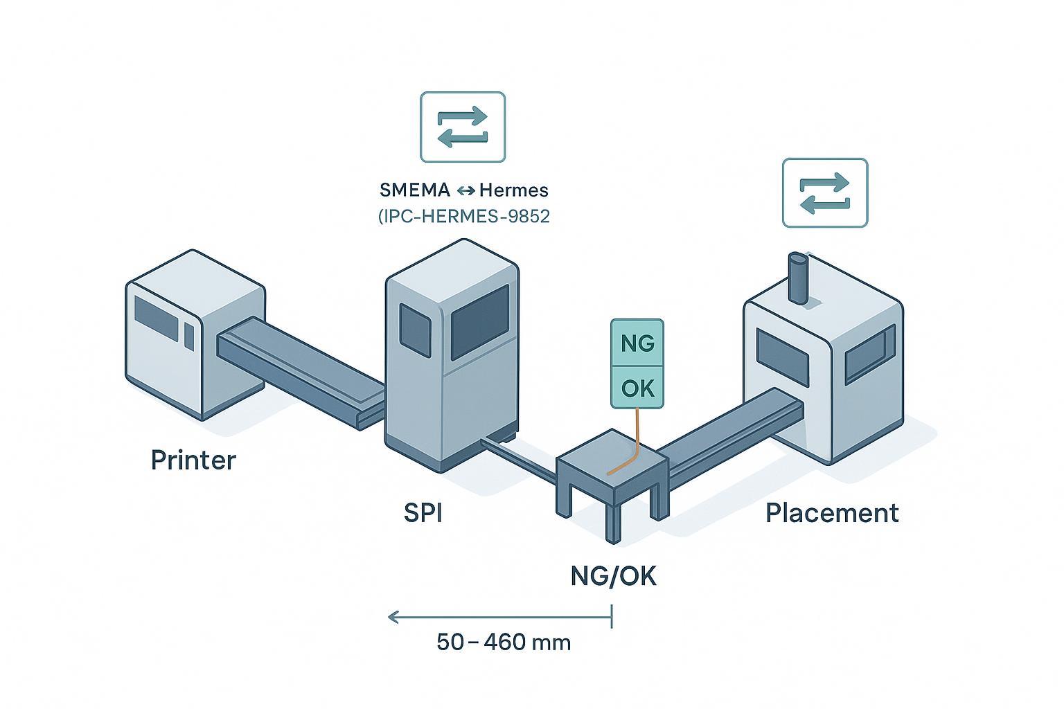 Engineering schematic of SMT PCB conveyors between Printer, SPI, and Placement with Hermes/SMEMA interfaces, NG/OK diverter, and buffer.