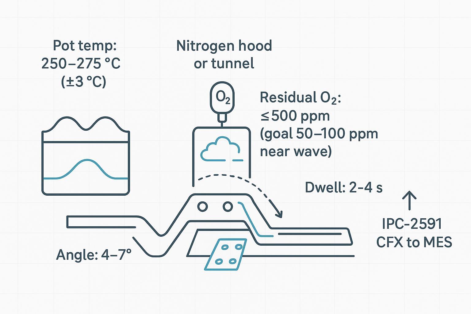 Minimalist engineering schematic of a wave soldering line with callouts for pot temperature, nitrogen O2 level, conveyor angle, dwell time, and CFX data link.