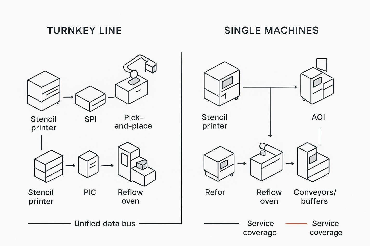 Minimalist infographic comparing a turnkey SMT line versus single-machine setup with line flow icons and data connectors