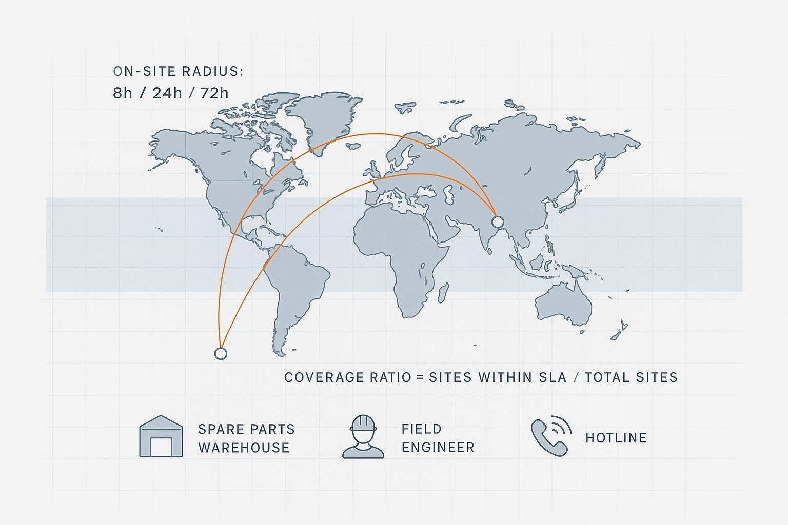 Engineering-style infographic: global service coverage map with on-site radius bands and KPI annotations